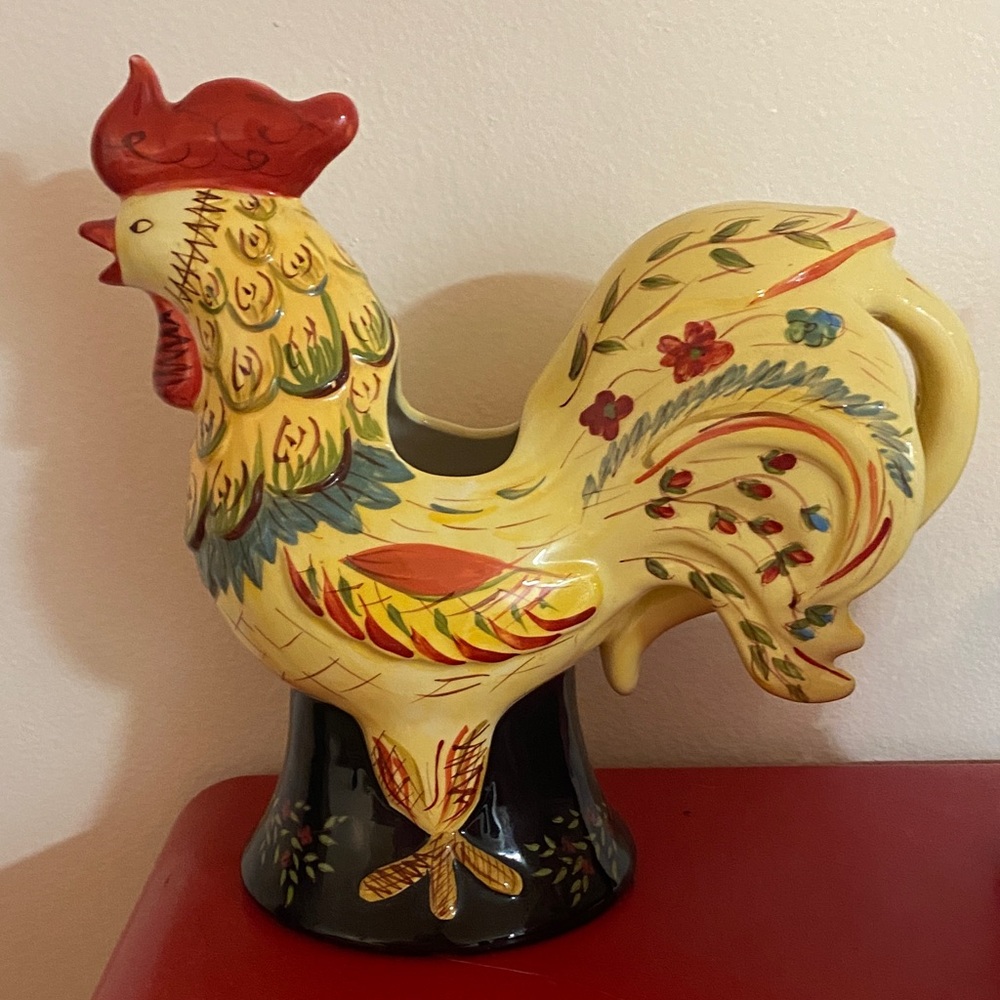 April Cornell Vibrant Yellow and Red Rooster Ceramic Water Pitcher